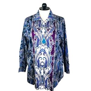 Chicos Blue White Purple Paisley No Iron Button Down Shirt Top Blouse, 3-(XL)